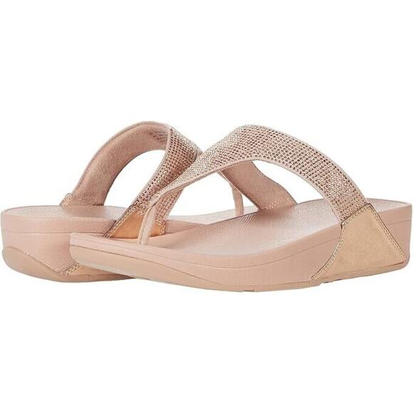 FitFlop™ Women's Lulu Crystal Embellished Toe-Post Sandals Wedge - Rose Gold NIB - Picture 1 of 3